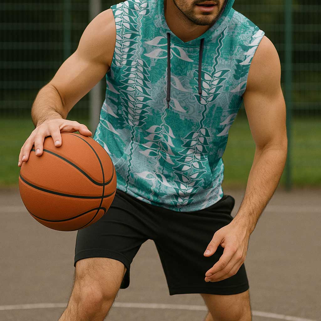 Teal Hawaii Tapa Pattern Sleeveless Hoodie With Heliconia Vintage Style LT05 - Polynesian Pride