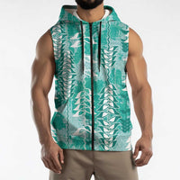 Teal Hawaii Tapa Pattern Sleeveless Zip Hoodie With Heliconia Vintage Style LT05 - Polynesian Pride