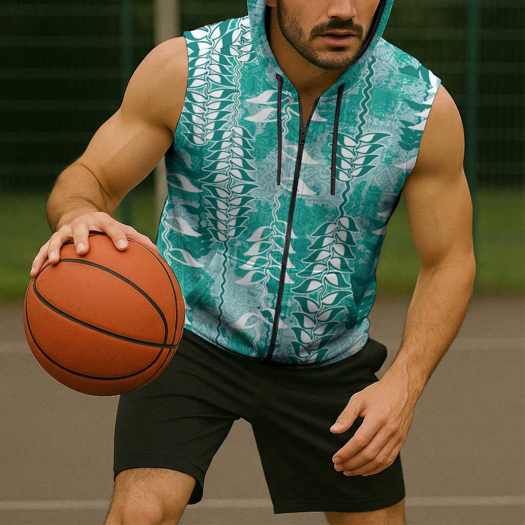 Teal Hawaii Tapa Pattern Sleeveless Zip Hoodie With Heliconia Vintage Style LT05 - Polynesian Pride