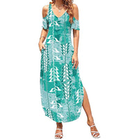 Teal Hawaii Tapa Pattern Summer Maxi Dress With Heliconia Vintage Style LT05 Women Teal - Polynesian Pride