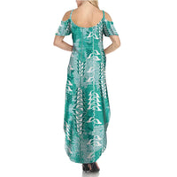 Teal Hawaii Tapa Pattern Summer Maxi Dress With Heliconia Vintage Style LT05 - Polynesian Pride