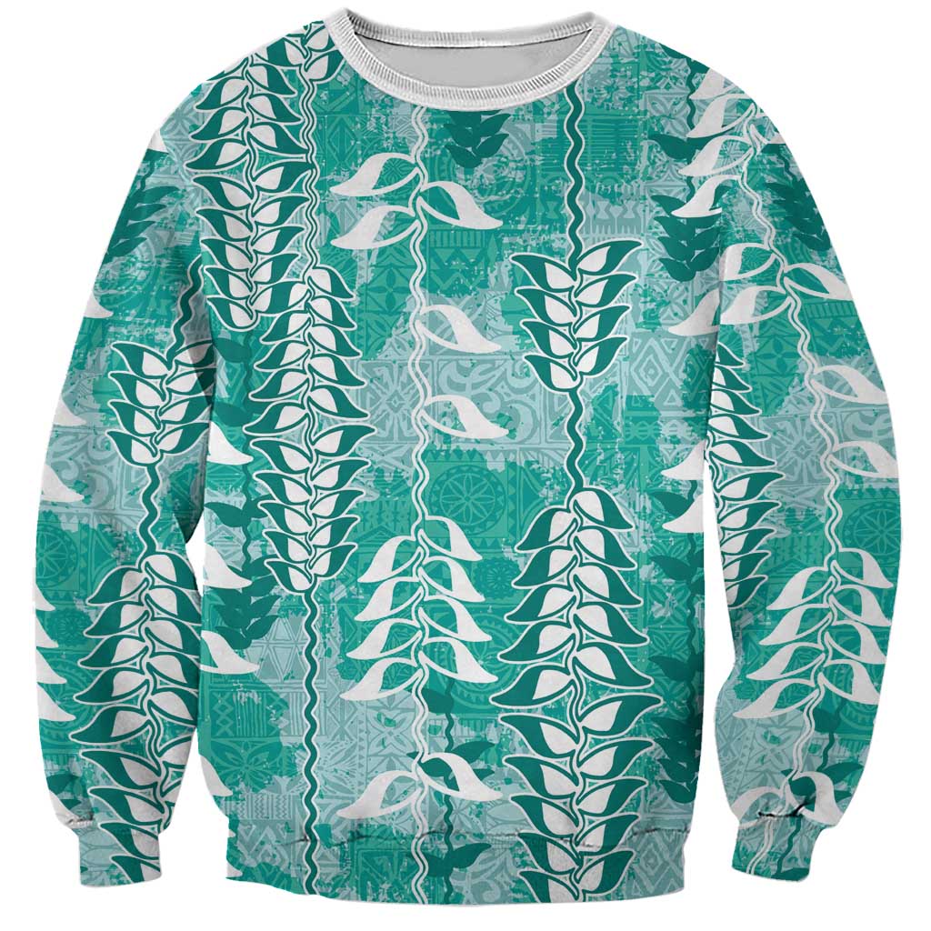 Teal Hawaii Tapa Pattern Sweatshirt With Heliconia Vintage Style LT05 Unisex Teal - Polynesian Pride