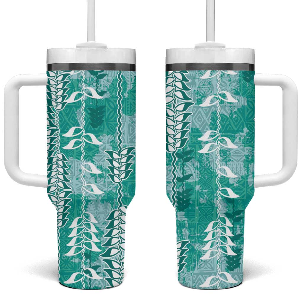 Teal Hawaii Tapa Pattern Tumbler With Handle With Heliconia Vintage Style LT05 One Size: 40 oz Teal - Polynesian Pride