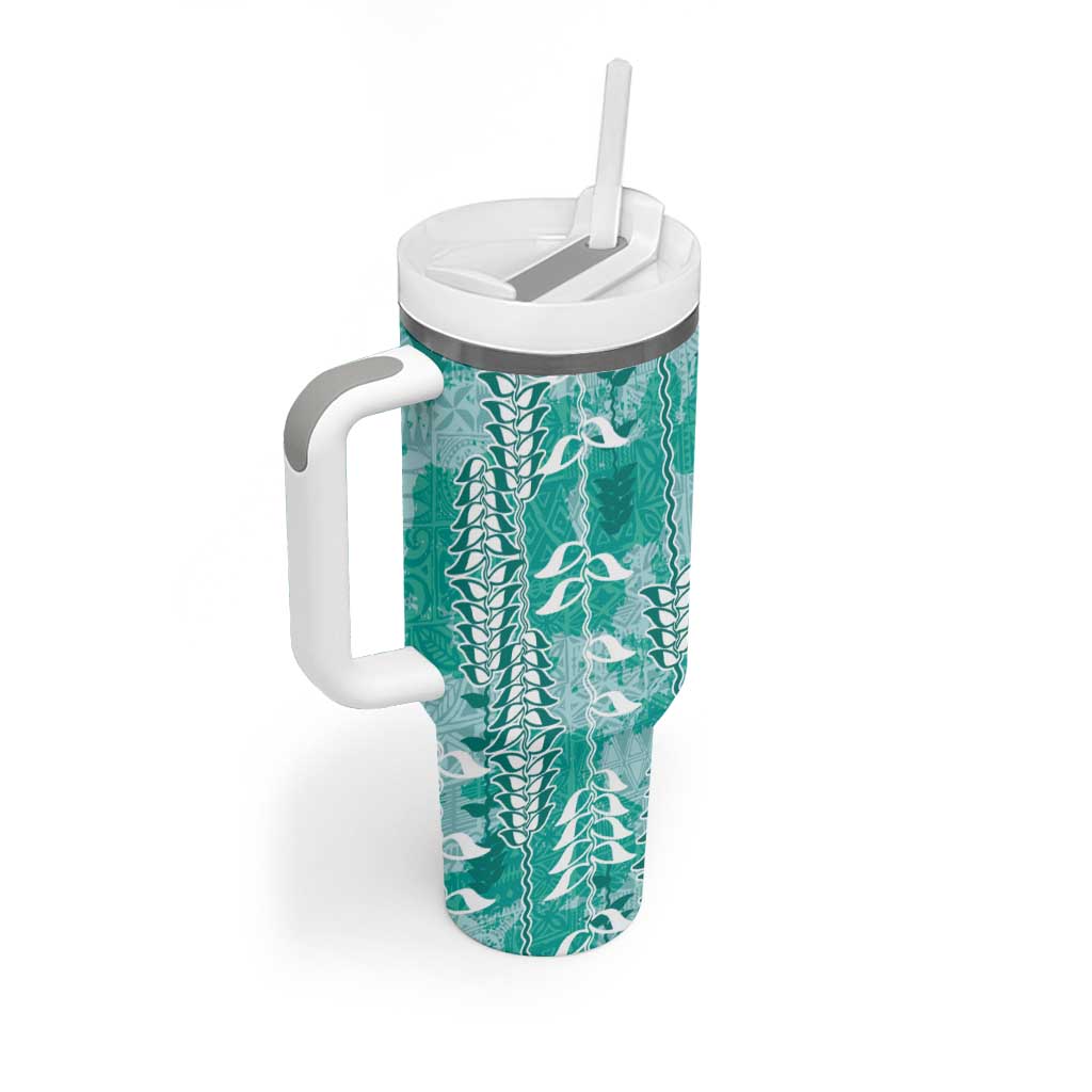 Teal Hawaii Tapa Pattern Tumbler With Handle With Heliconia Vintage Style LT05 - Polynesian Pride