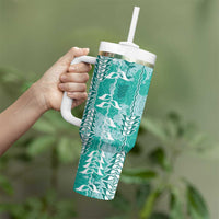 Teal Hawaii Tapa Pattern Tumbler With Handle With Heliconia Vintage Style LT05 - Polynesian Pride