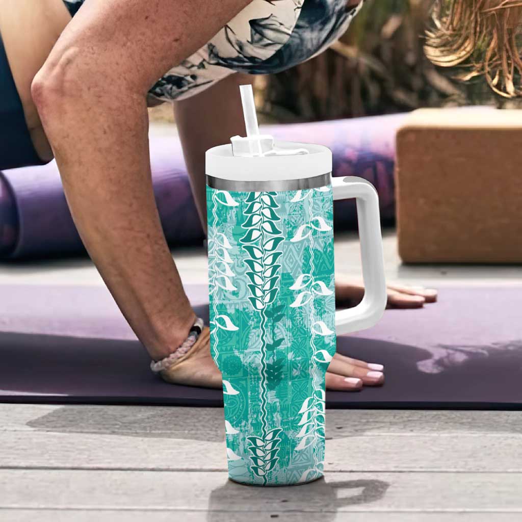 Teal Hawaii Tapa Pattern Tumbler With Handle With Heliconia Vintage Style LT05 - Polynesian Pride