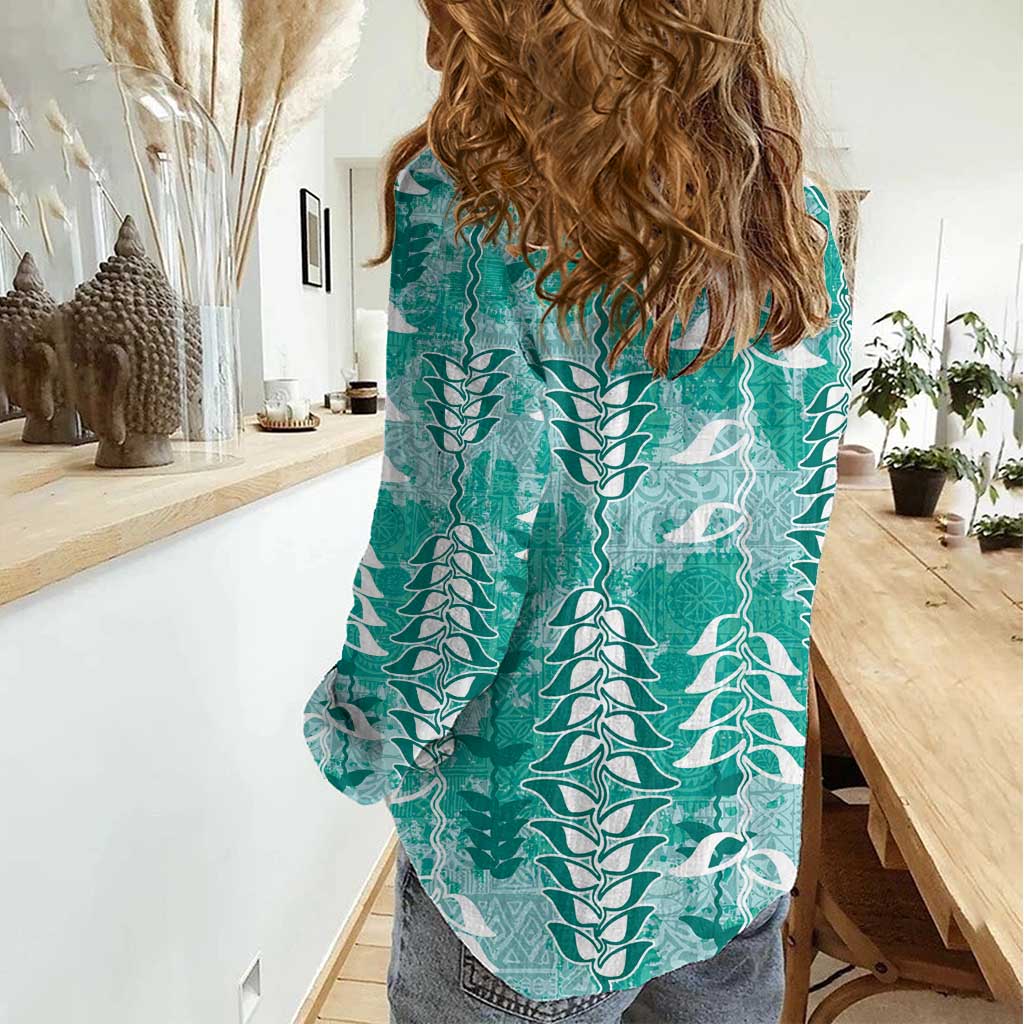 Teal Hawaii Tapa Pattern Women Casual Shirt With Heliconia Vintage Style LT05 - Polynesian Pride