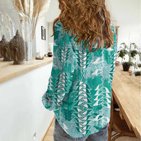 Teal Hawaii Tapa Pattern Women Casual Shirt With Heliconia Vintage Style LT05 - Polynesian Pride