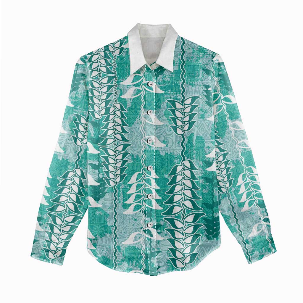 Teal Hawaii Tapa Pattern Women Casual Shirt With Heliconia Vintage Style LT05 - Polynesian Pride
