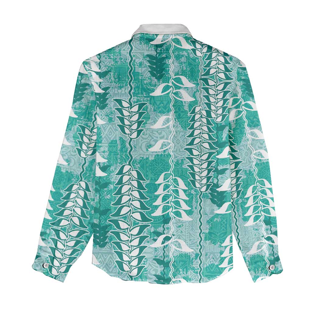 Teal Hawaii Tapa Pattern Women Casual Shirt With Heliconia Vintage Style LT05 - Polynesian Pride