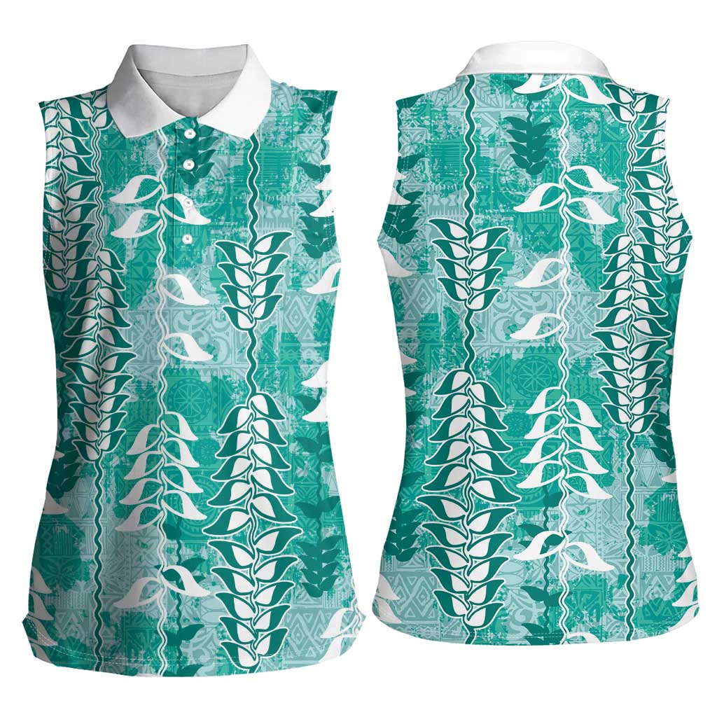 Teal Hawaii Tapa Pattern Women Sleeveless Polo Shirt With Heliconia Vintage Style LT05 - Polynesian Pride