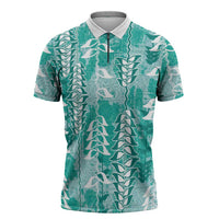 Teal Hawaii Tapa Pattern Zipper Polo Shirt With Heliconia Vintage Style LT05 Teal - Polynesian Pride