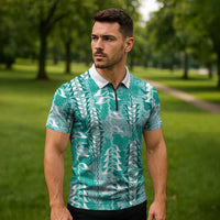 Teal Hawaii Tapa Pattern Zipper Polo Shirt With Heliconia Vintage Style LT05 - Polynesian Pride