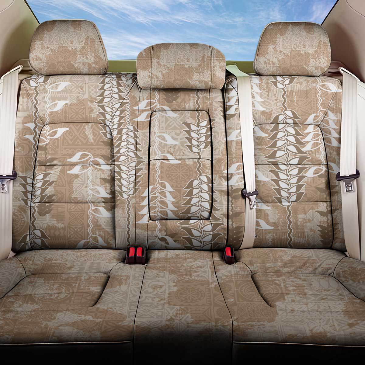 Beige Hawaii Tapa Pattern Back Car Seat Cover With Heliconia Vintage Style LT05 One Size Beige - Polynesian Pride