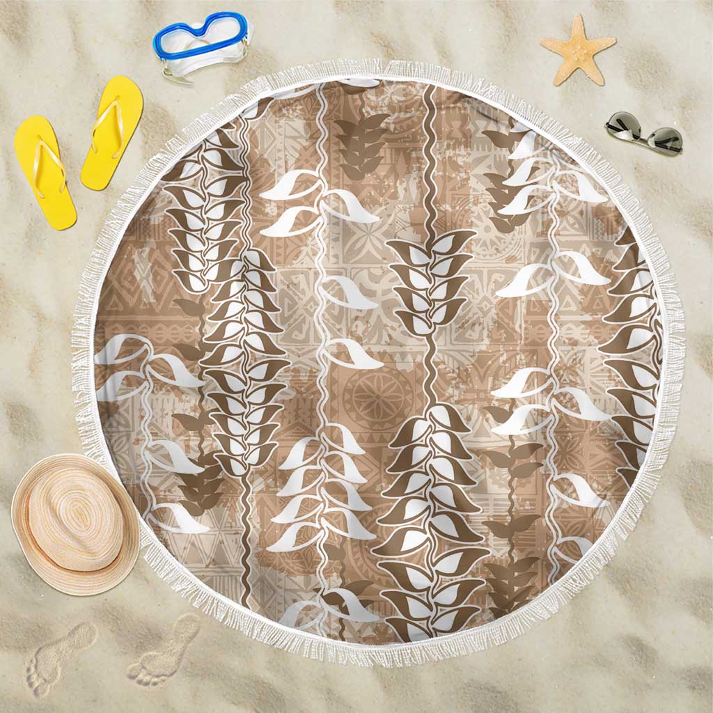 Beige Hawaii Tapa Pattern Beach Blanket With Heliconia Vintage Style LT05 One Size 150cm Beige - Polynesian Pride