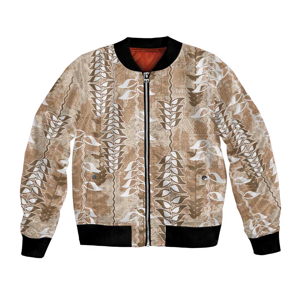 Beige Hawaii Tapa Pattern Bomber Jacket With Heliconia Vintage Style LT05 Unisex Beige - Polynesian Pride