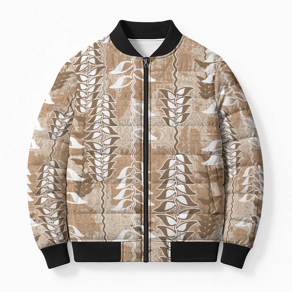 Beige Hawaii Tapa Pattern Bomber Puffer Jacket With Heliconia Vintage Style LT05 Unisex Beige - Polynesian Pride