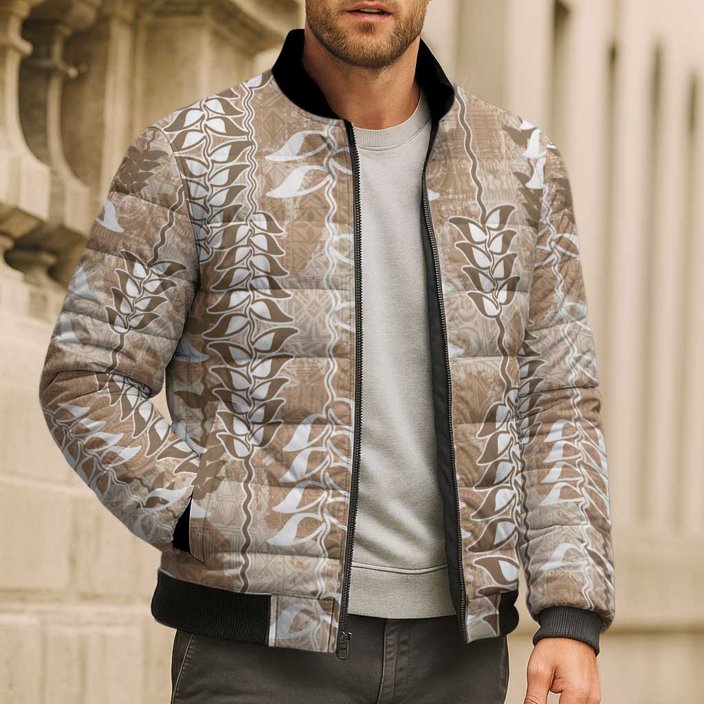 Beige Hawaii Tapa Pattern Bomber Puffer Jacket With Heliconia Vintage Style LT05 - Polynesian Pride
