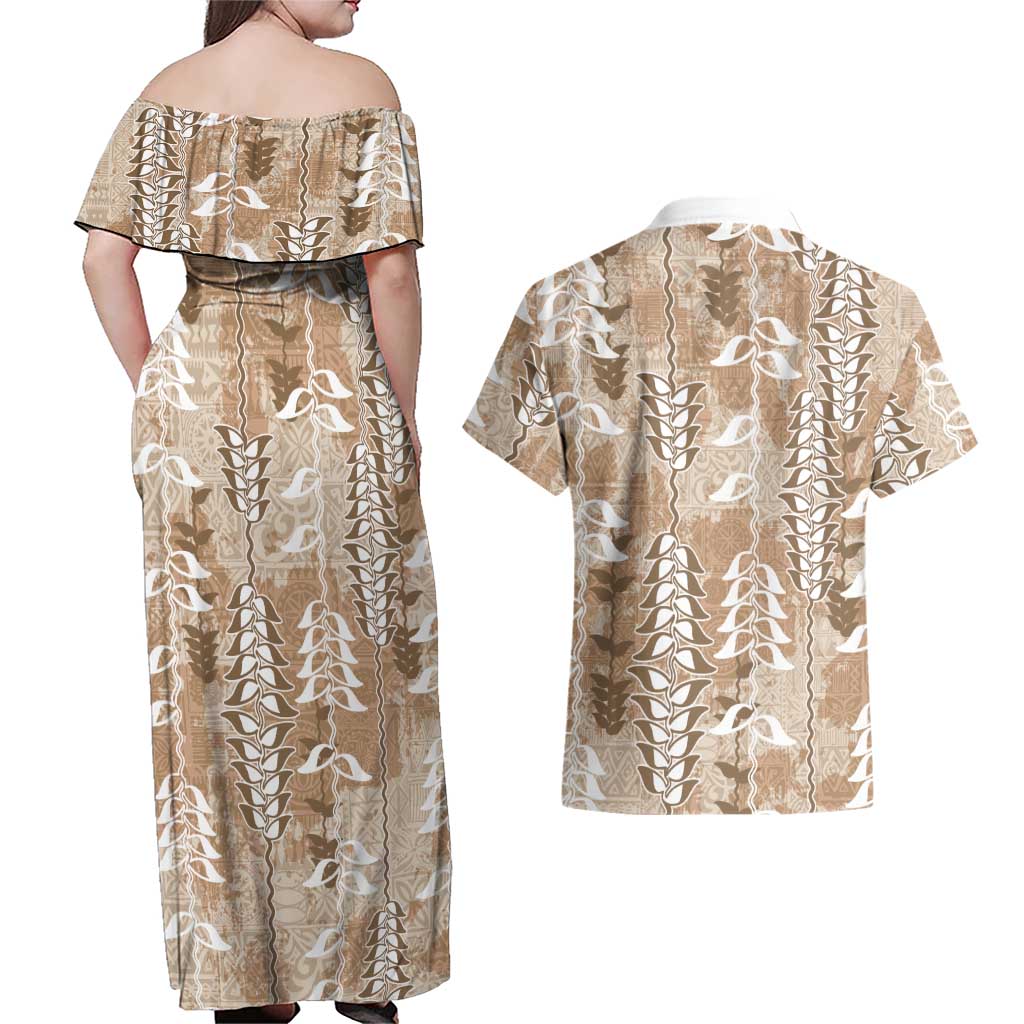 Beige Hawaii Tapa Pattern Couples Matching Off Shoulder Maxi Dress and Hawaiian Shirt With Heliconia Vintage Style LT05 - Polynesian Pride