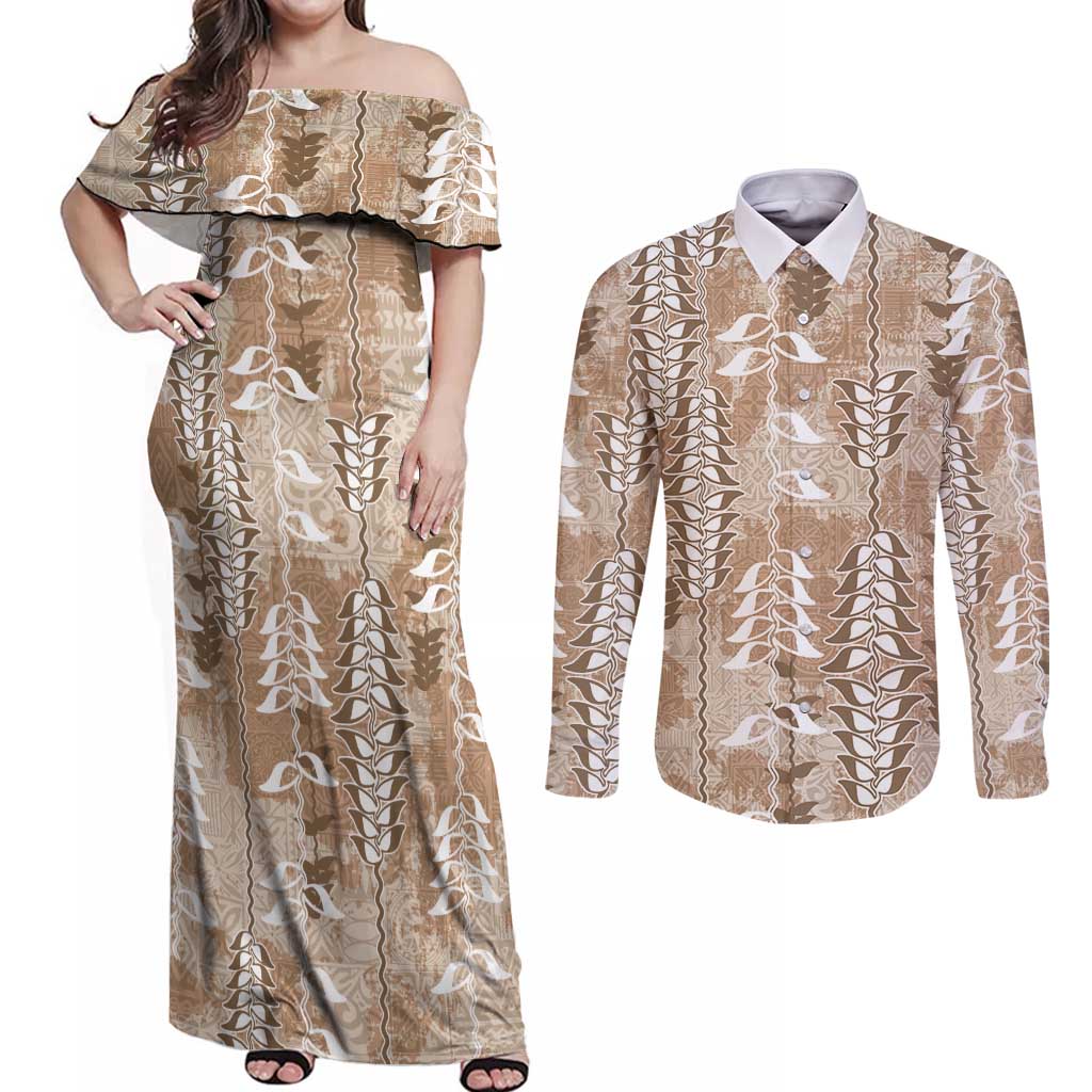 Beige Hawaii Tapa Pattern Couples Matching Off Shoulder Maxi Dress and Long Sleeve Button Shirt With Heliconia Vintage Style LT05 Beige - Polynesian Pride