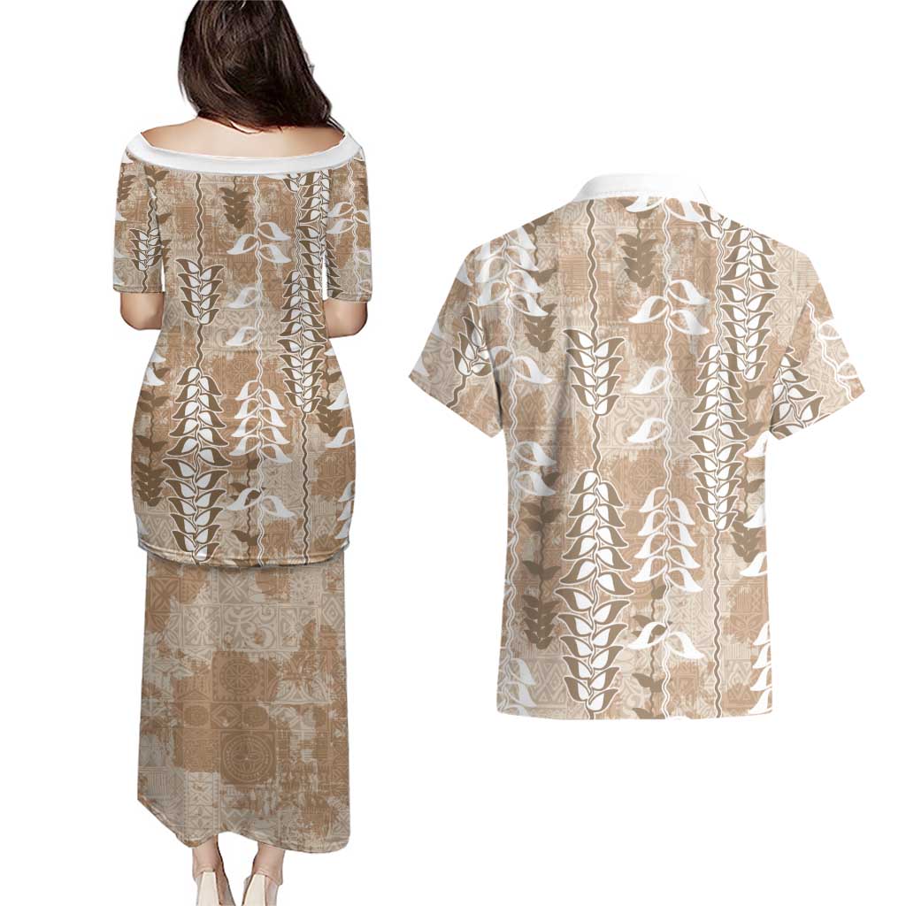 Beige Hawaii Tapa Pattern Couples Matching Puletasi and Hawaiian Shirt With Heliconia Vintage Style LT05 - Polynesian Pride