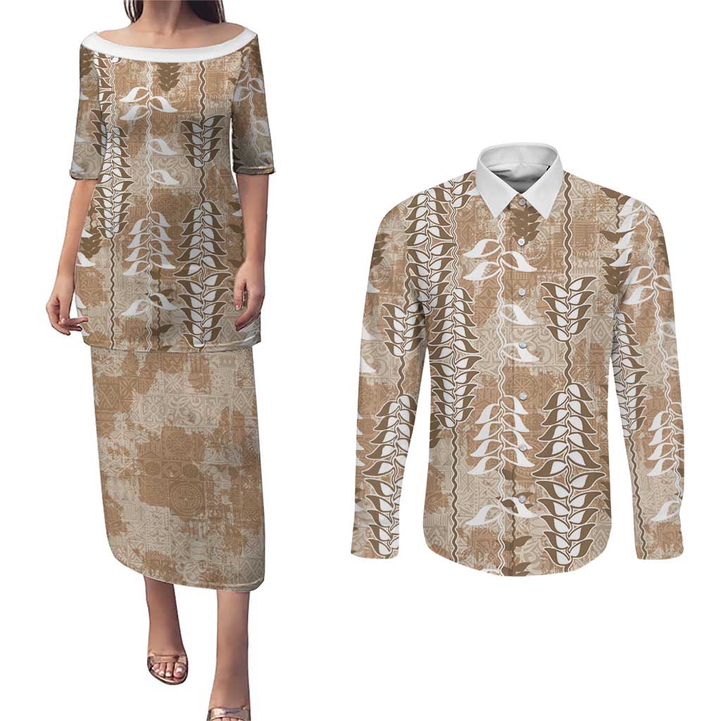 Beige Hawaii Tapa Pattern Couples Matching Puletasi and Long Sleeve Button Shirt With Heliconia Vintage Style LT05 Beige - Polynesian Pride