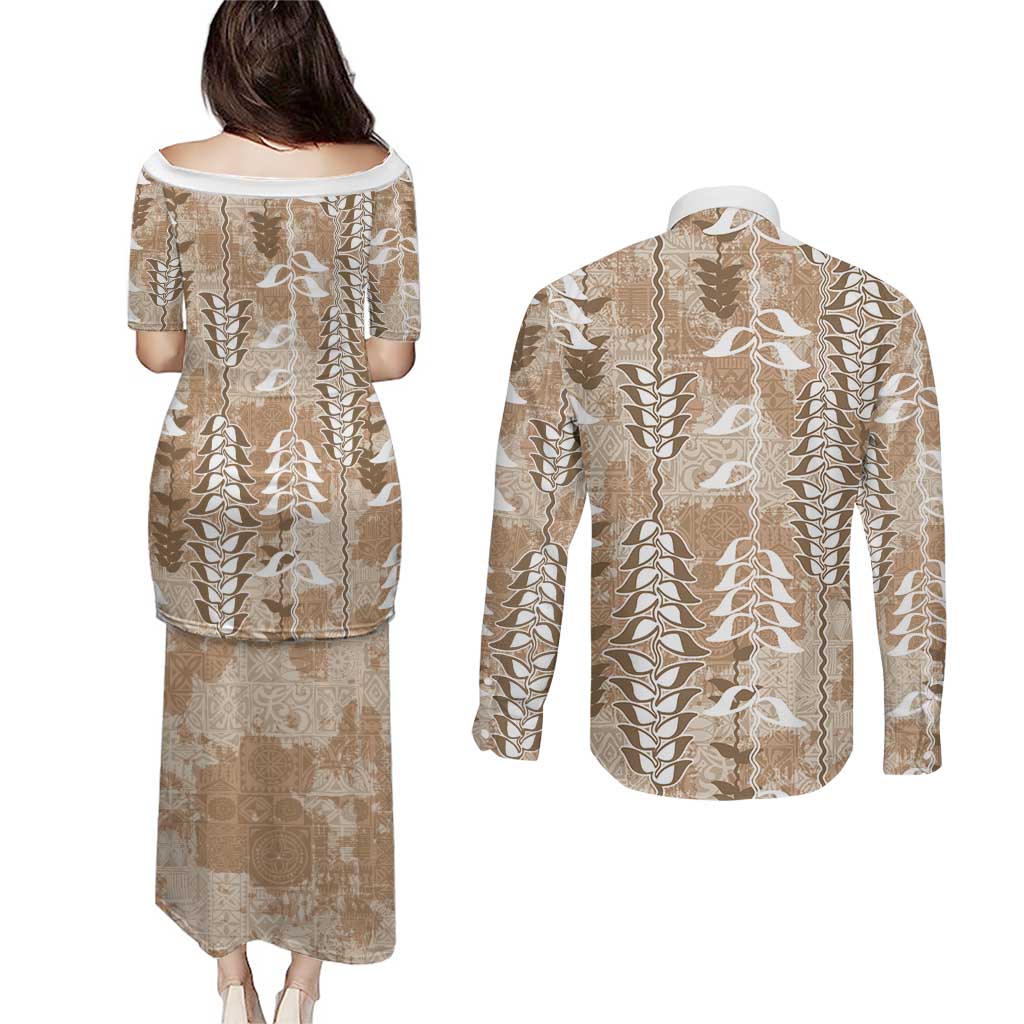 Beige Hawaii Tapa Pattern Couples Matching Puletasi and Long Sleeve Button Shirt With Heliconia Vintage Style LT05 - Polynesian Pride