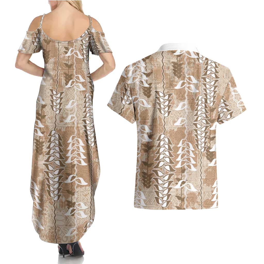 Beige Hawaii Tapa Pattern Couples Matching Summer Maxi Dress and Hawaiian Shirt With Heliconia Vintage Style LT05 - Polynesian Pride