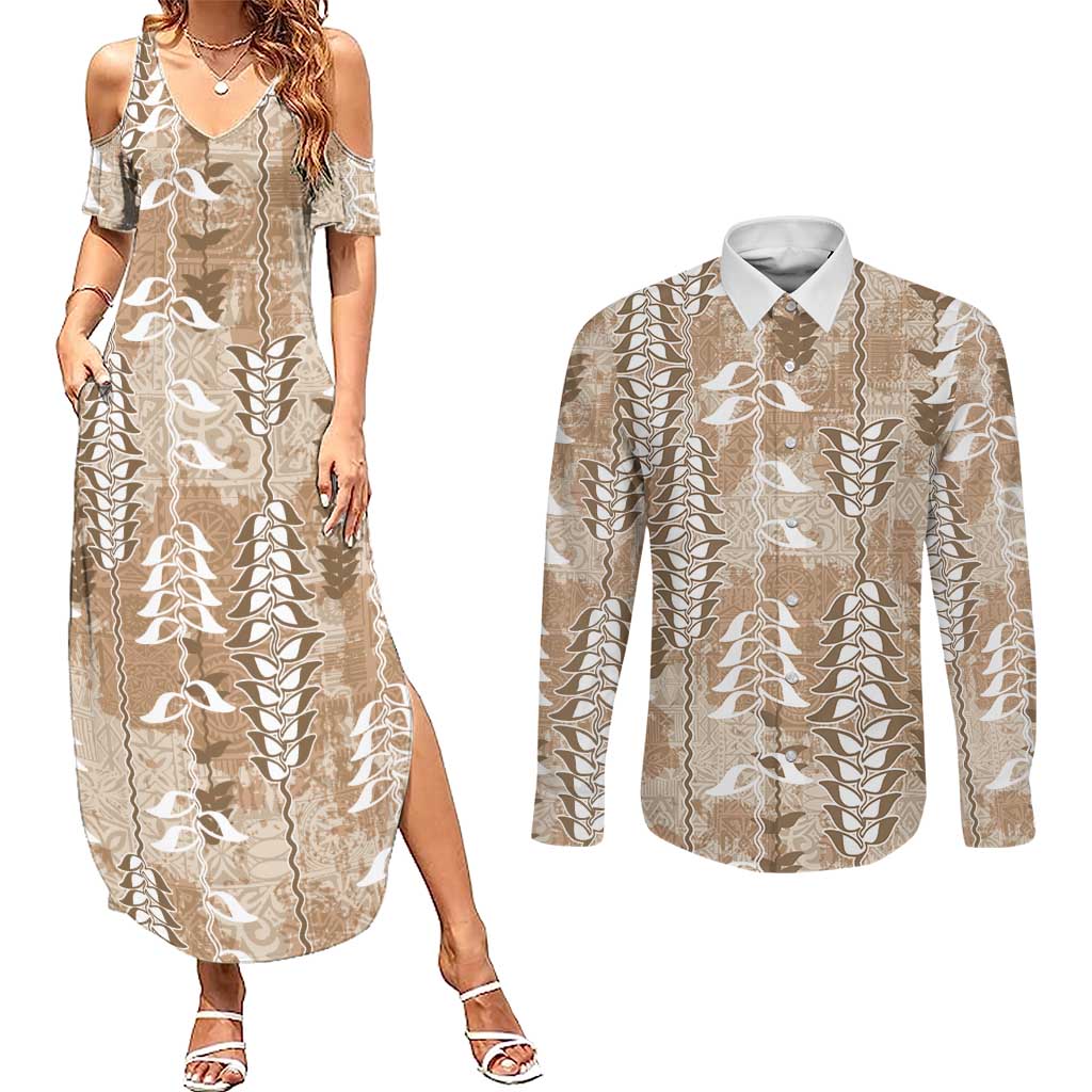 Beige Hawaii Tapa Pattern Couples Matching Summer Maxi Dress and Long Sleeve Button Shirt With Heliconia Vintage Style LT05 Beige - Polynesian Pride