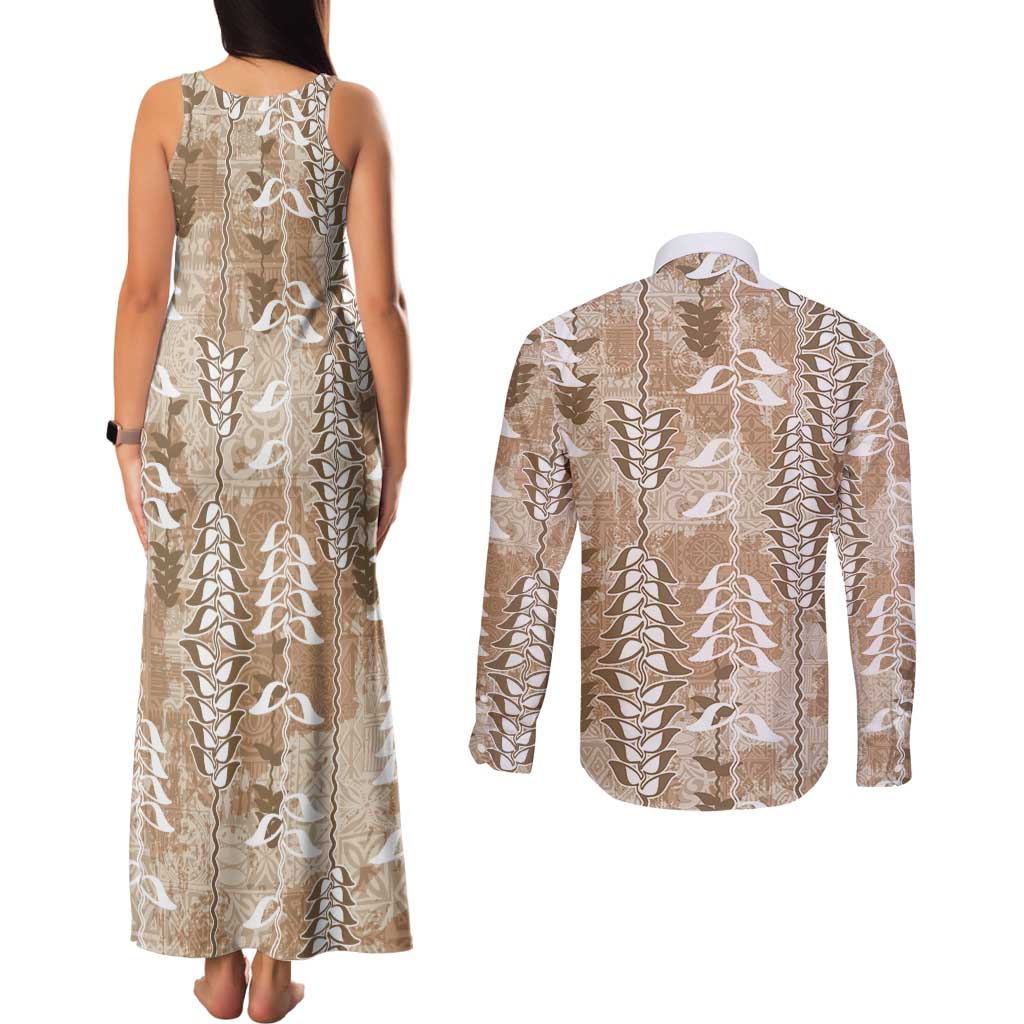 Beige Hawaii Tapa Pattern Couples Matching Tank Maxi Dress and Long Sleeve Button Shirt With Heliconia Vintage Style LT05 - Polynesian Pride