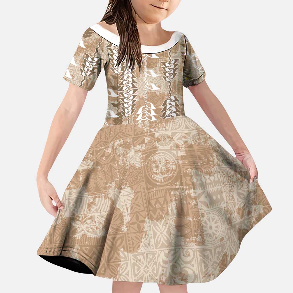Beige Hawaii Tapa Pattern Family Matching Mermaid Dress and Hawaiian Shirt With Heliconia Vintage Style LT05 Daughter's Dress Beige - Polynesian Pride