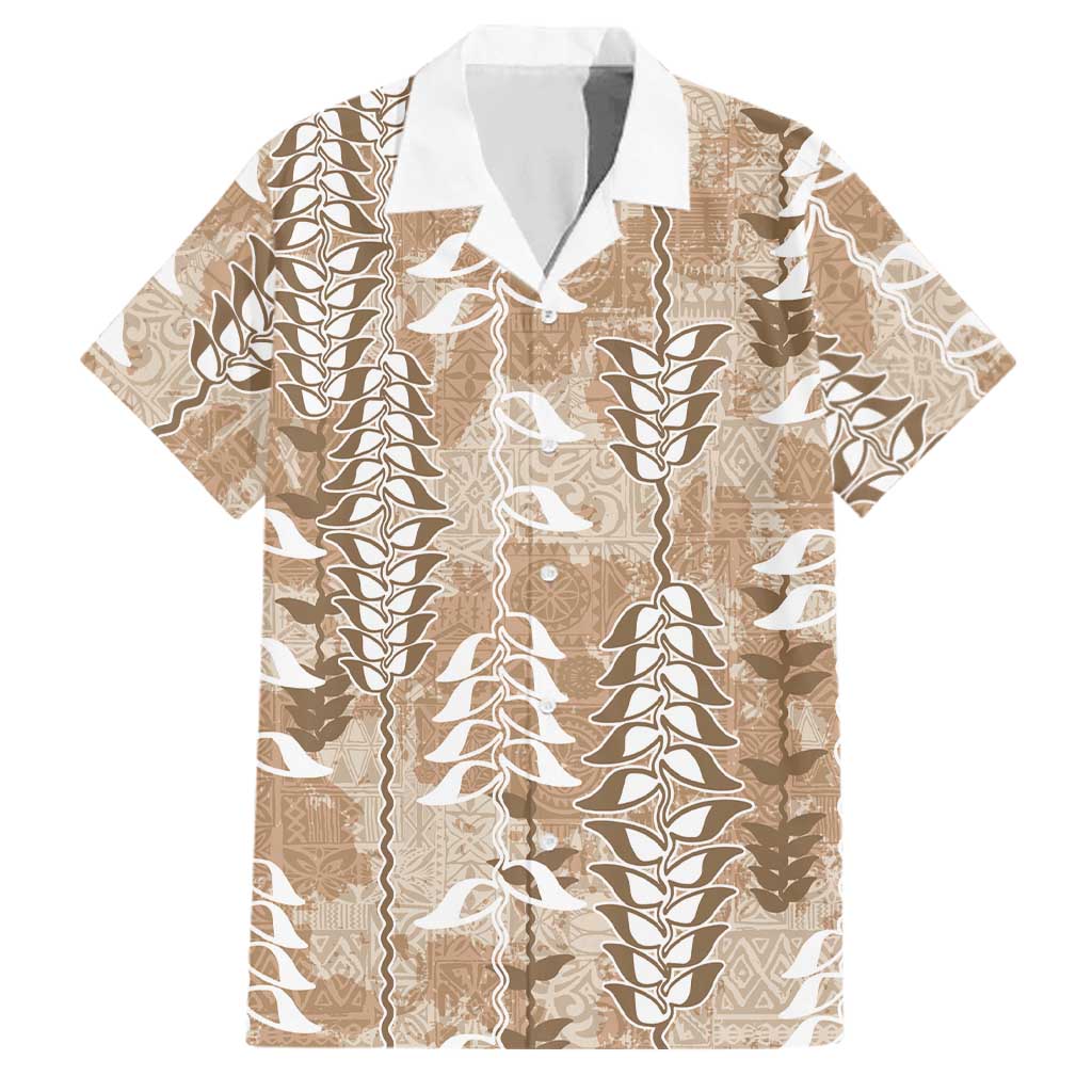 Beige Hawaii Tapa Pattern Family Matching Off Shoulder Short Dress and Hawaiian Shirt With Heliconia Vintage Style LT05 Dad's Shirt - Short Sleeve Beige - Polynesian Pride