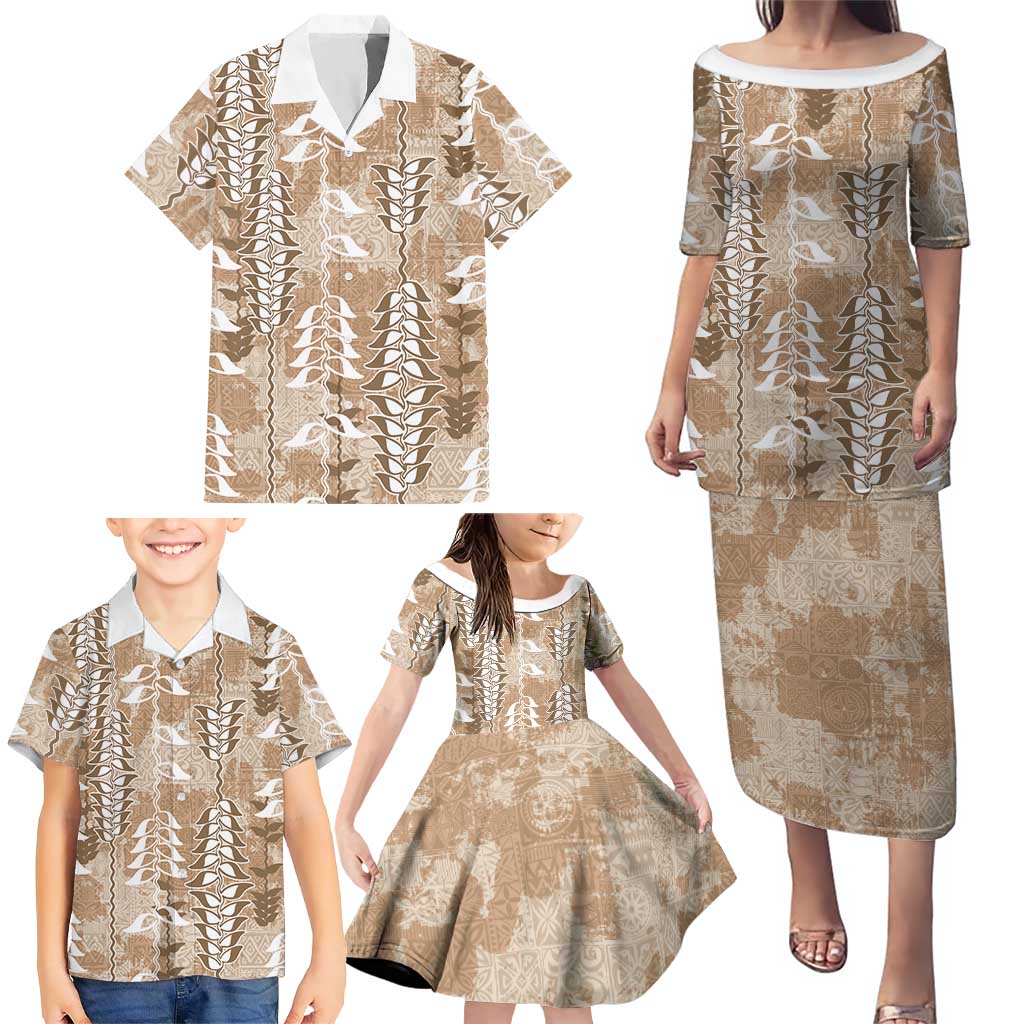 Beige Hawaii Tapa Pattern Family Matching Puletasi and Hawaiian Shirt With Heliconia Vintage Style LT05 - Polynesian Pride