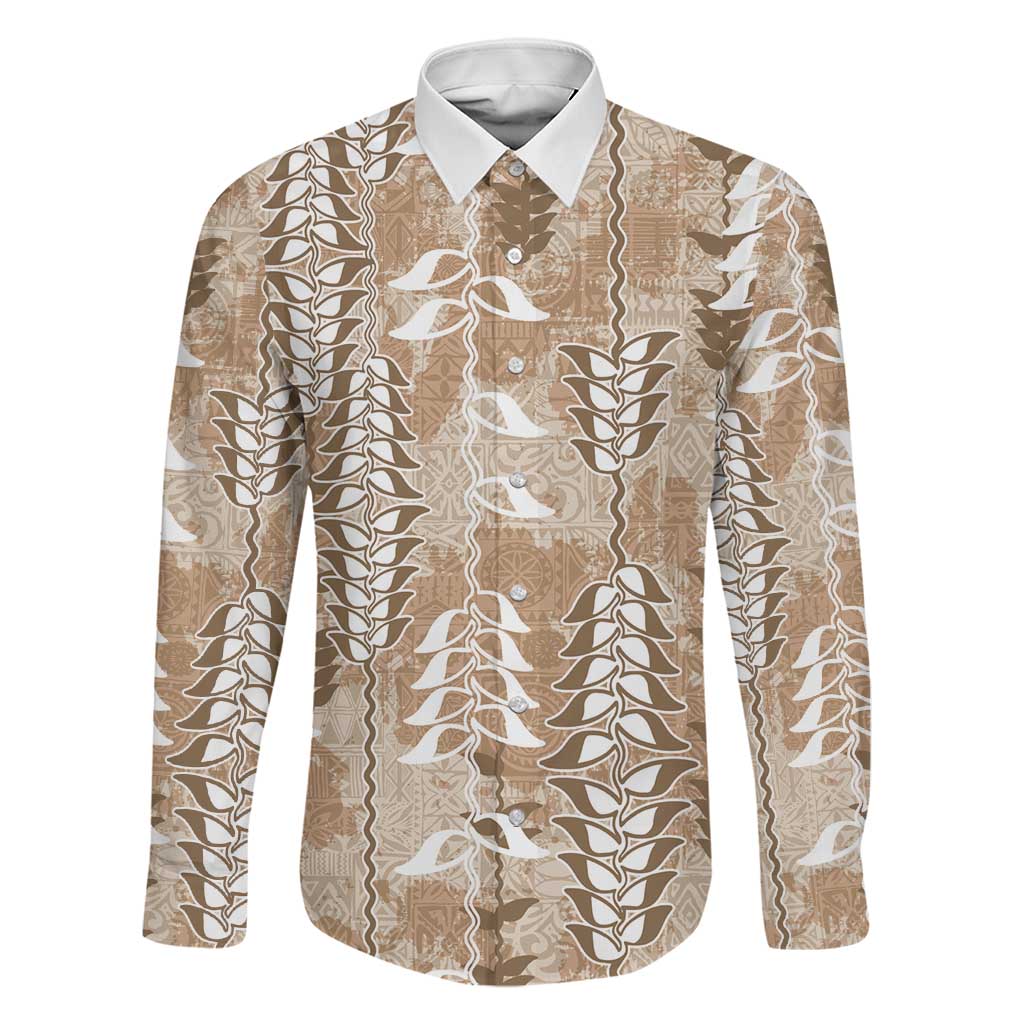 Beige Hawaii Tapa Pattern Family Matching Puletasi and Hawaiian Shirt With Heliconia Vintage Style LT05 Dad's Shirt - Long Sleeve Beige - Polynesian Pride