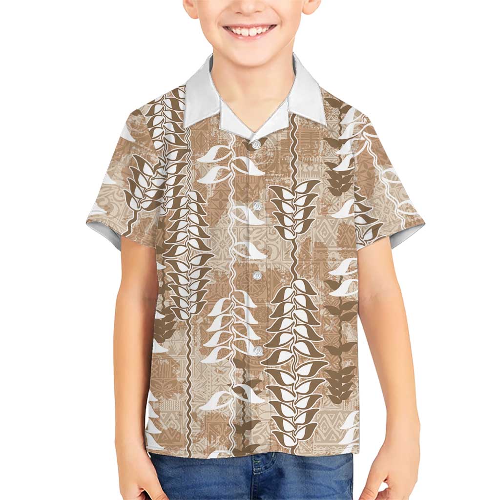 Beige Hawaii Tapa Pattern Family Matching Puletasi and Hawaiian Shirt With Heliconia Vintage Style LT05 Son's Shirt Beige - Polynesian Pride