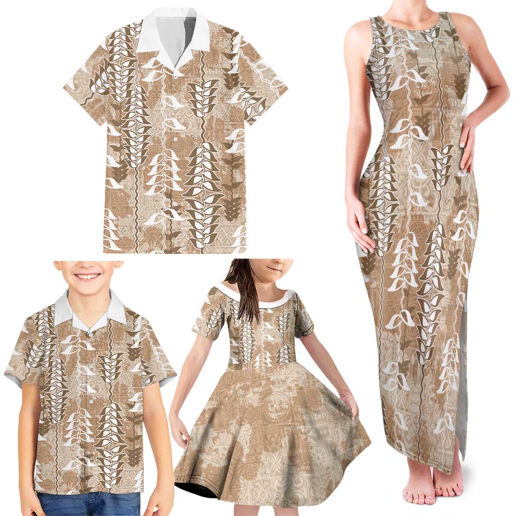 Beige Hawaii Tapa Pattern Family Matching Tank Maxi Dress and Hawaiian Shirt With Heliconia Vintage Style