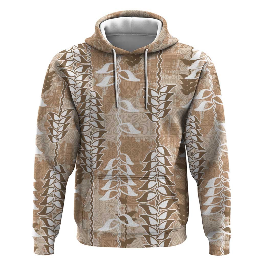 Beige Hawaii Tapa Pattern Hoodie With Heliconia Vintage Style