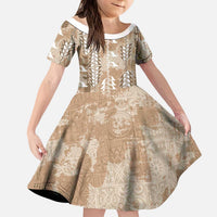 Beige Hawaii Tapa Pattern Kid Short Sleeve Dress With Heliconia Vintage Style LT05 KID Beige - Polynesian Pride