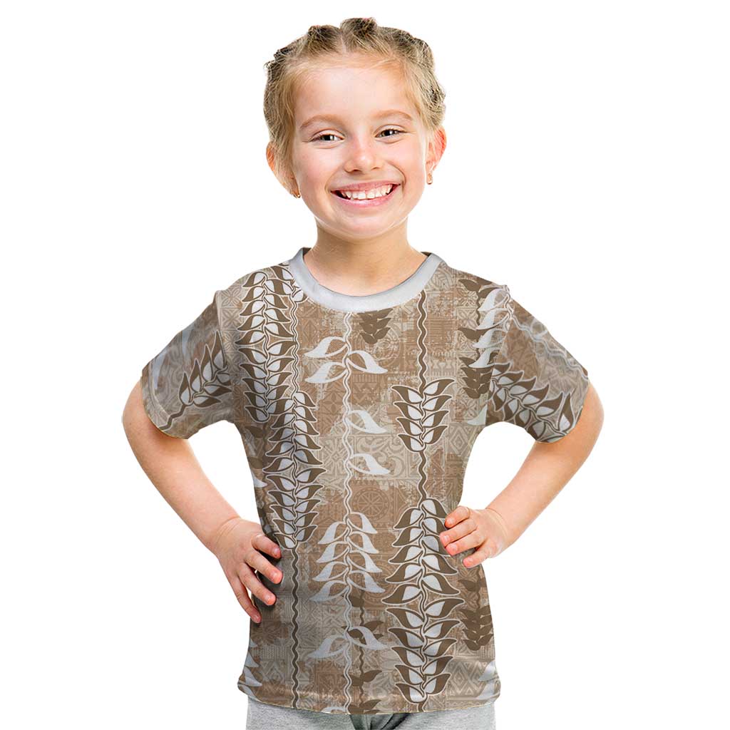 Beige Hawaii Tapa Pattern Kid T Shirt With Heliconia Vintage Style