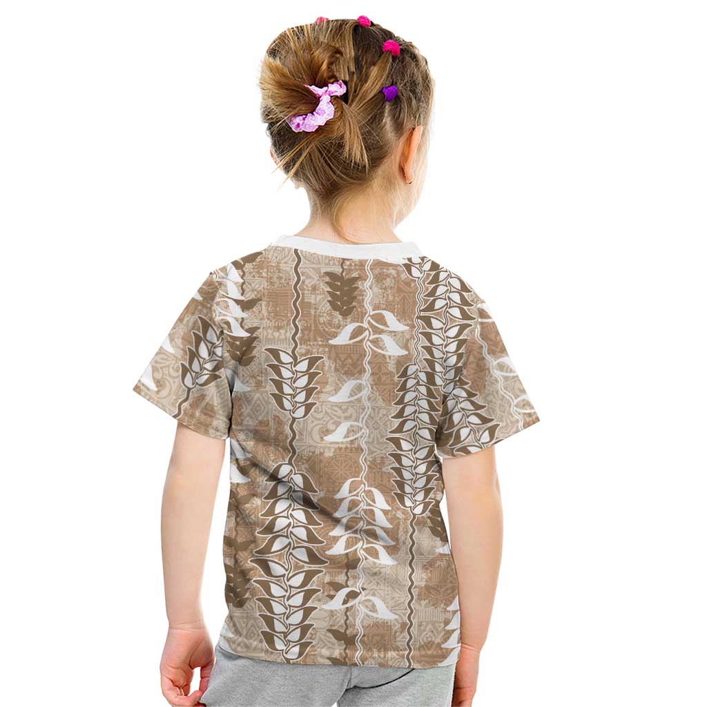 Beige Hawaii Tapa Pattern Kid T Shirt With Heliconia Vintage Style LT05 - Polynesian Pride