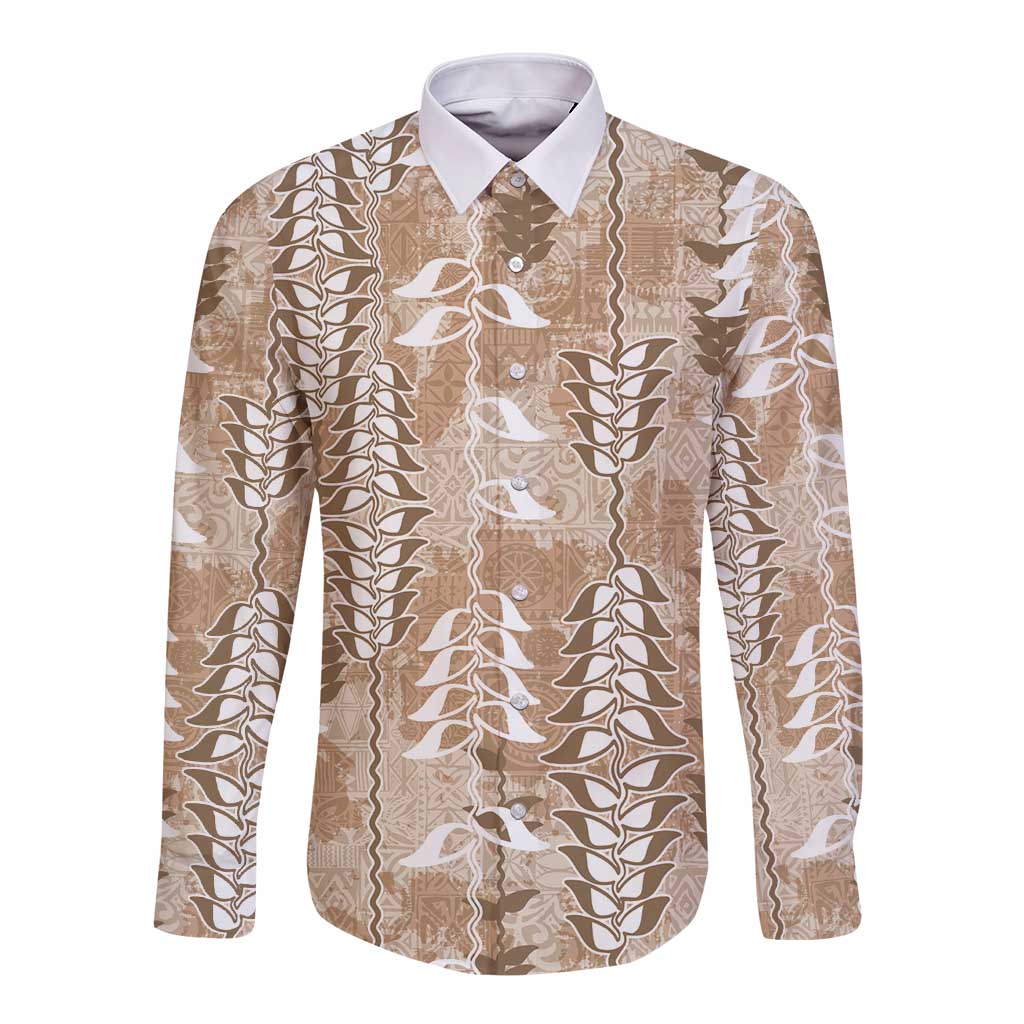 Beige Hawaii Tapa Pattern Long Sleeve Button Shirt With Heliconia Vintage Style LT05 Unisex Beige - Polynesian Pride