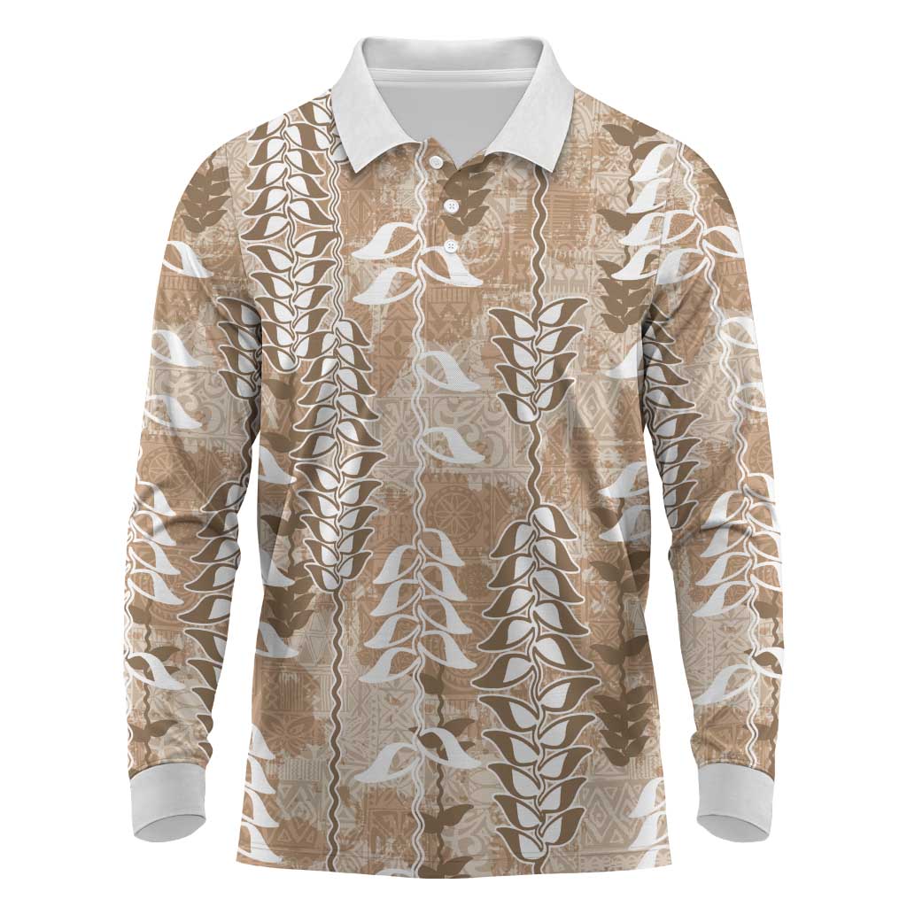 Beige Hawaii Tapa Pattern Long Sleeve Polo Shirt With Heliconia Vintage Style LT05 Beige - Polynesian Pride