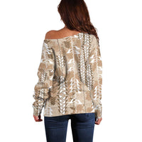 Beige Hawaii Tapa Pattern Off Shoulder Sweater With Heliconia Vintage Style LT05 - Polynesian Pride