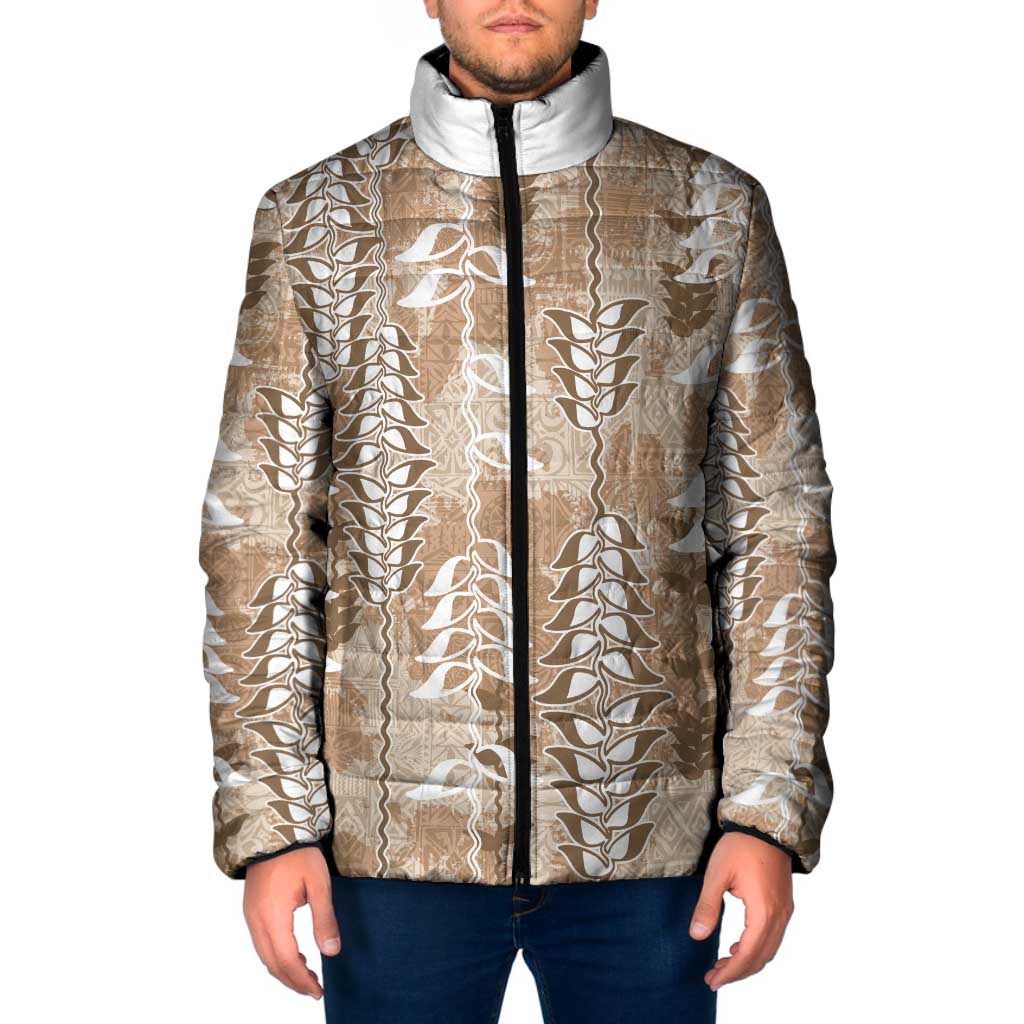 Beige Hawaii Tapa Pattern Padded Jacket With Heliconia Vintage Style LT05 Men Beige - Polynesian Pride