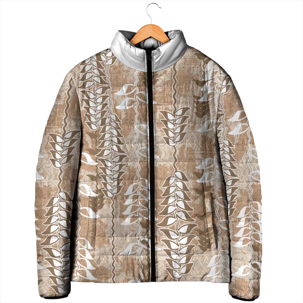 Beige Hawaii Tapa Pattern Padded Jacket With Heliconia Vintage Style LT05 - Polynesian Pride