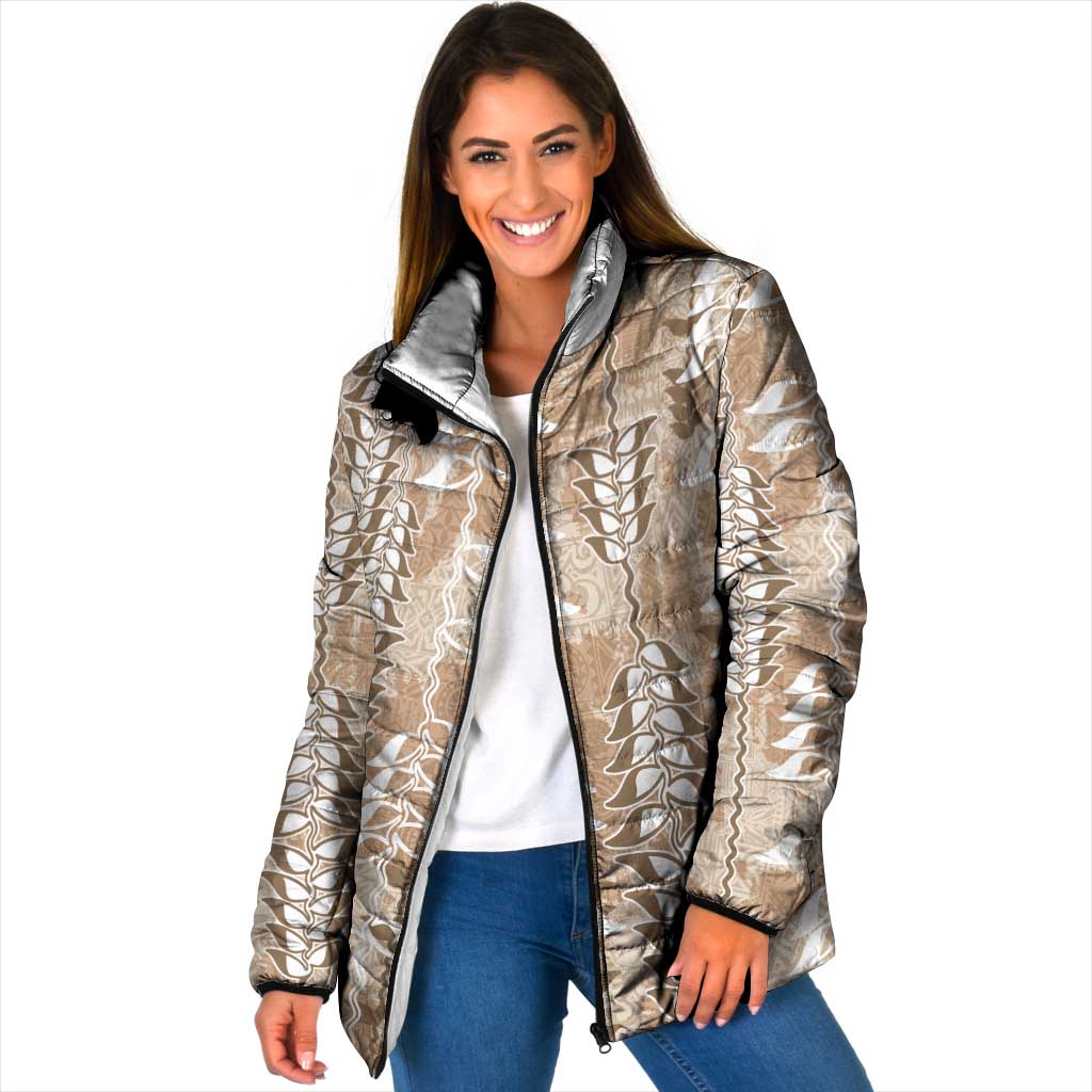 Beige Hawaii Tapa Pattern Padded Jacket With Heliconia Vintage Style LT05 Women Beige - Polynesian Pride