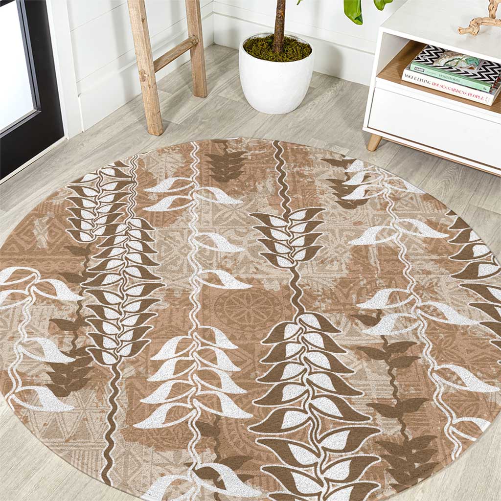 Beige Hawaii Tapa Pattern Round Carpet With Heliconia Vintage Style LT05 Beige - Polynesian Pride