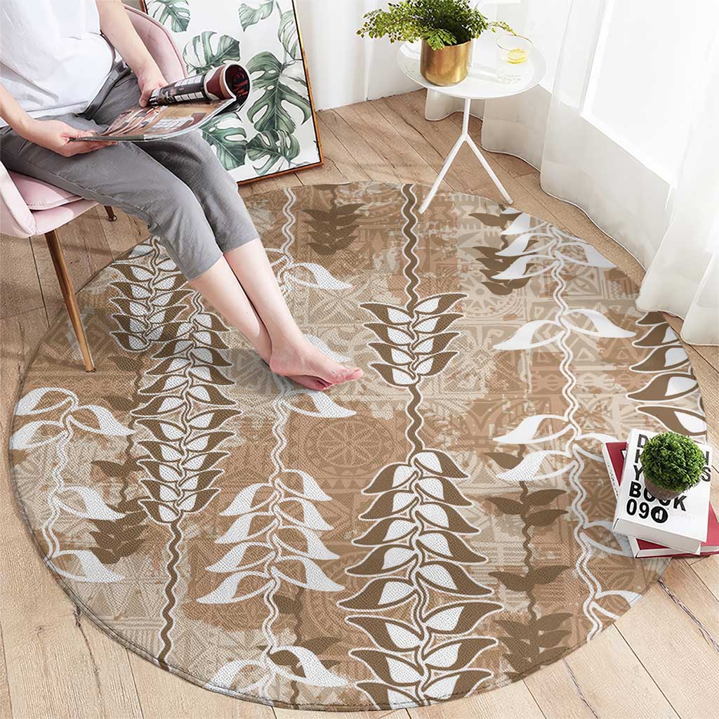 Beige Hawaii Tapa Pattern Round Carpet With Heliconia Vintage Style LT05 - Polynesian Pride