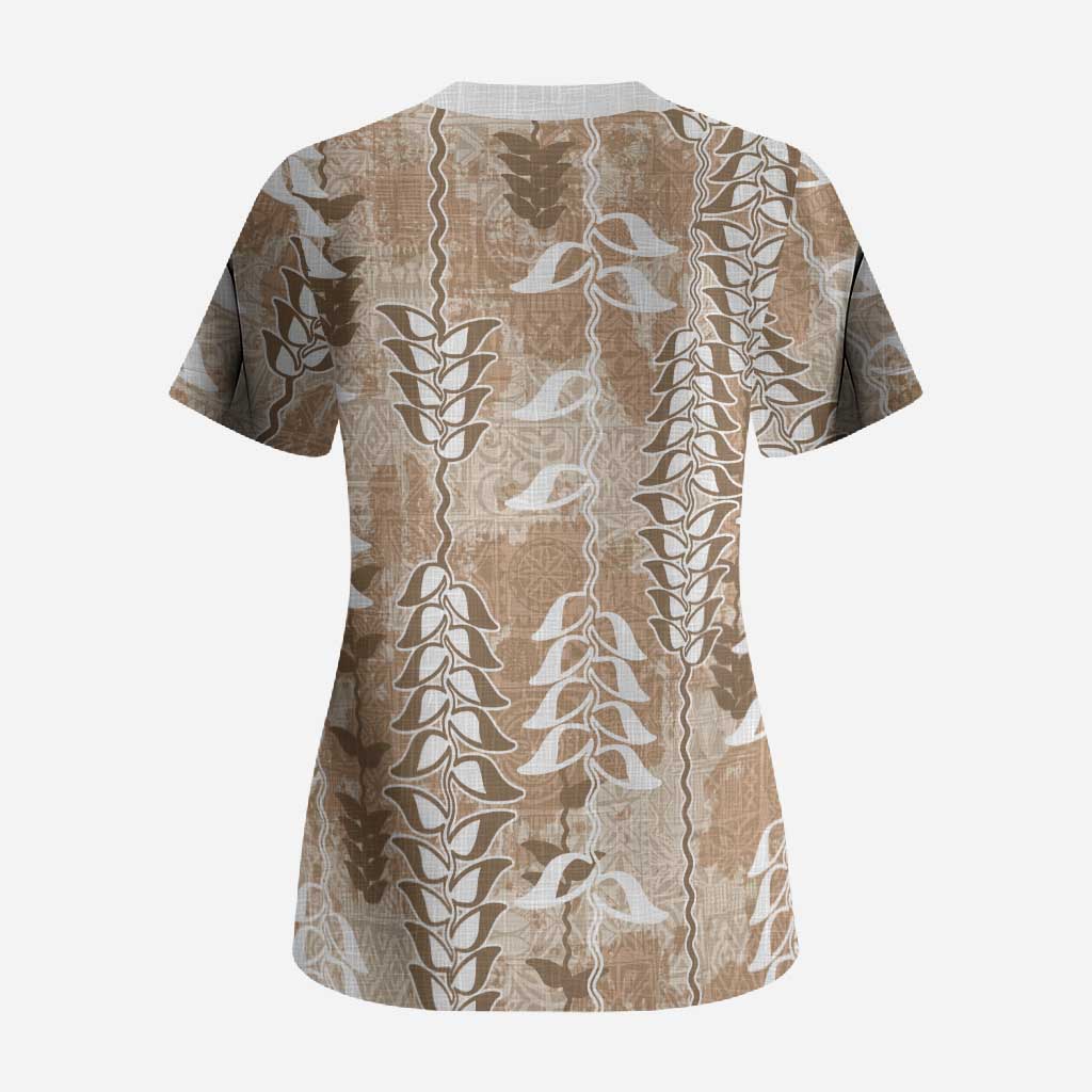Beige Hawaii Tapa Pattern Scrub Top With Heliconia Vintage Style LT05 - Polynesian Pride