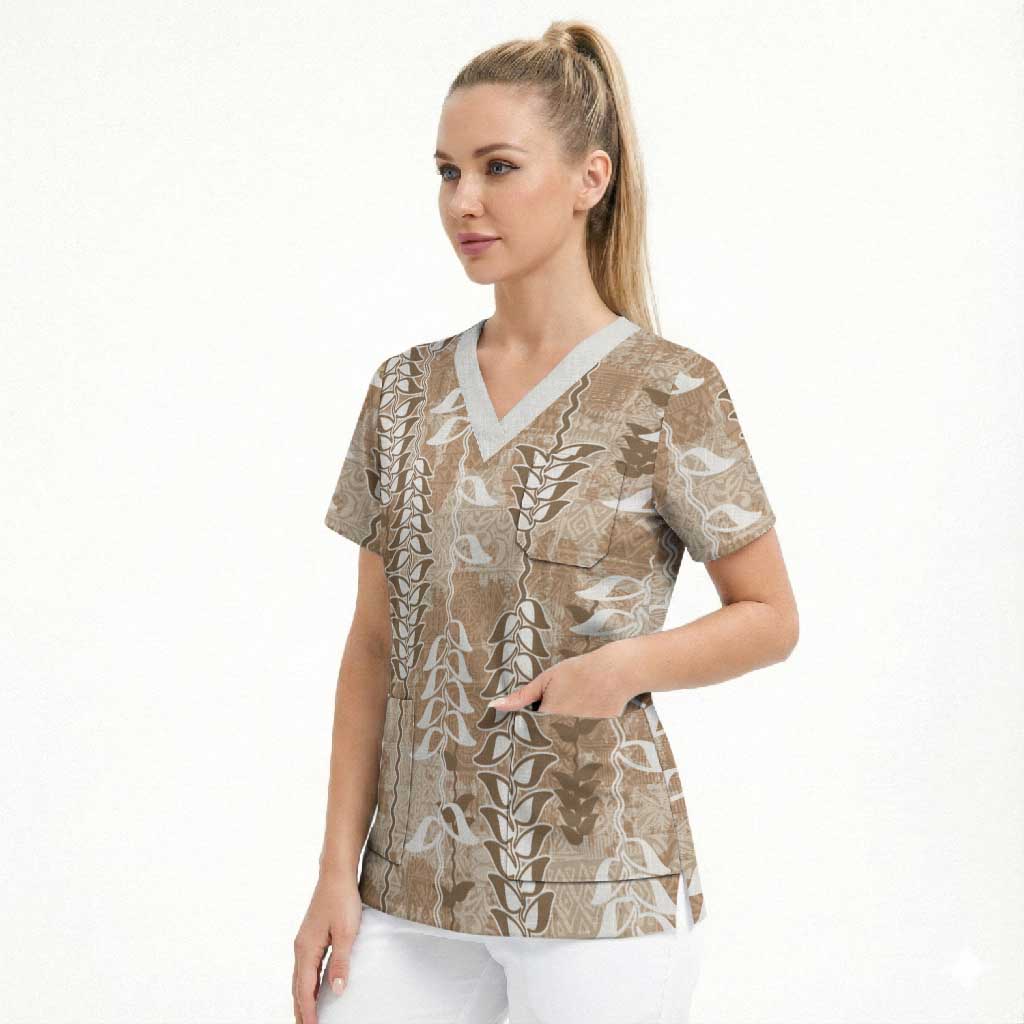 Beige Hawaii Tapa Pattern Scrub Top With Heliconia Vintage Style LT05 - Polynesian Pride